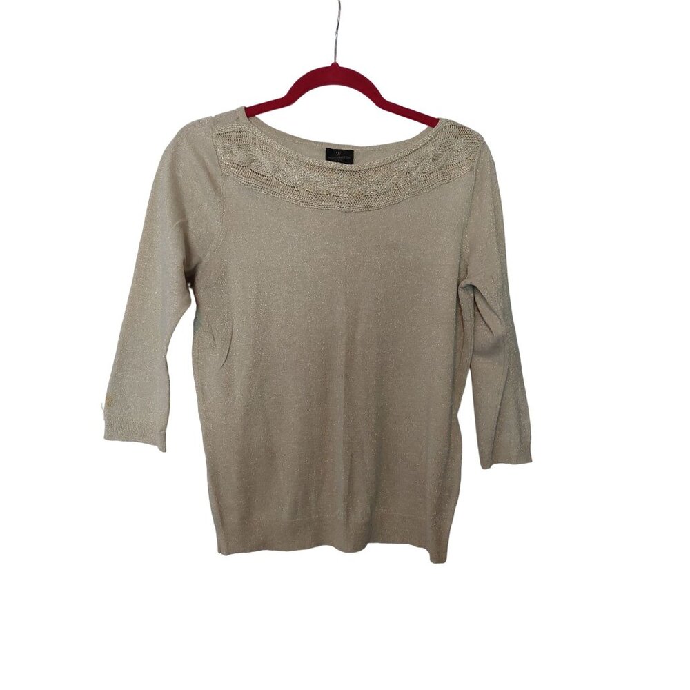 Worthington Petite Womens Sweater PL Beige Shimmer Knit 3/4 Sleeve